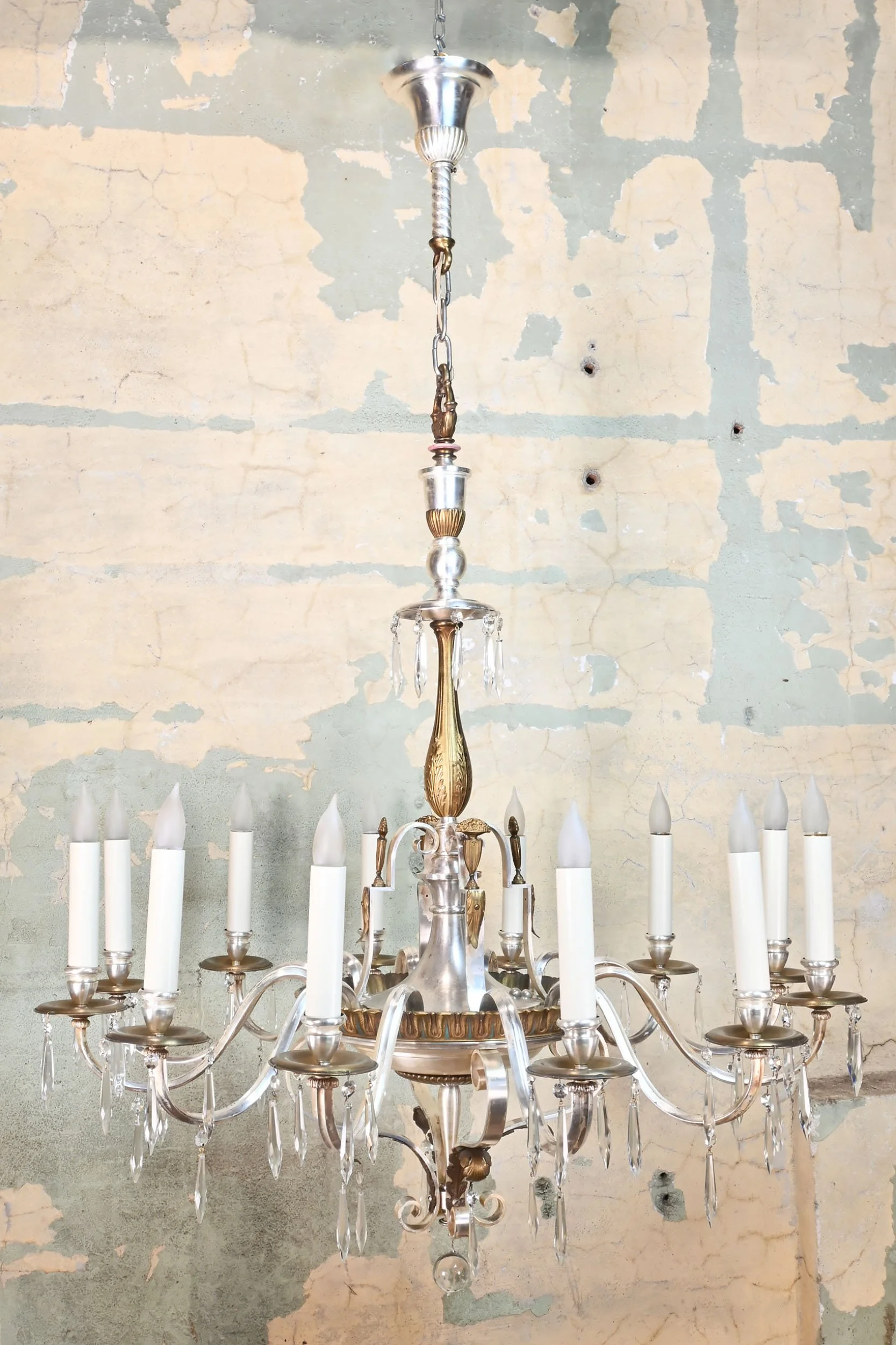 twelve candle silver and brass chandelier with crystals
